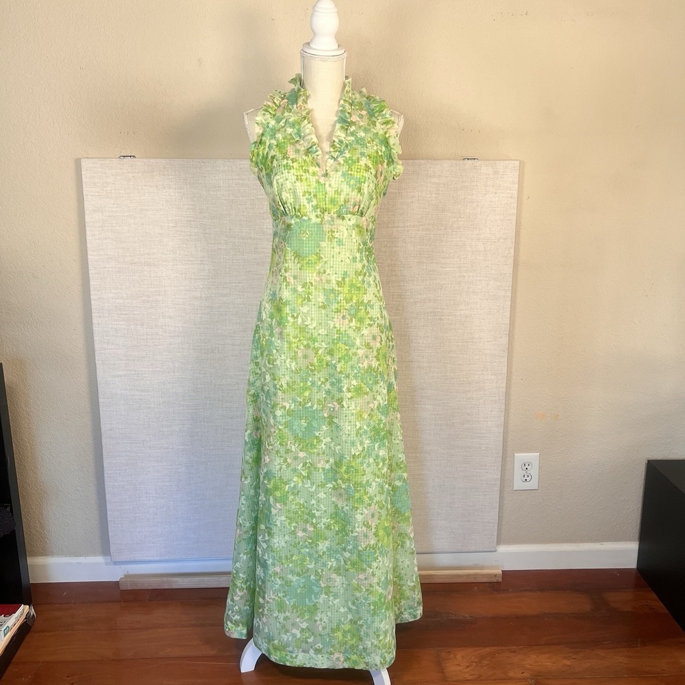 Vintage Spring 70s Green Floral Ruffle Chiffon Halter Maxi Dress Womens XS S